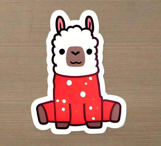 A sticker depicting a cartoon llama wearing a red pajama with white dots.